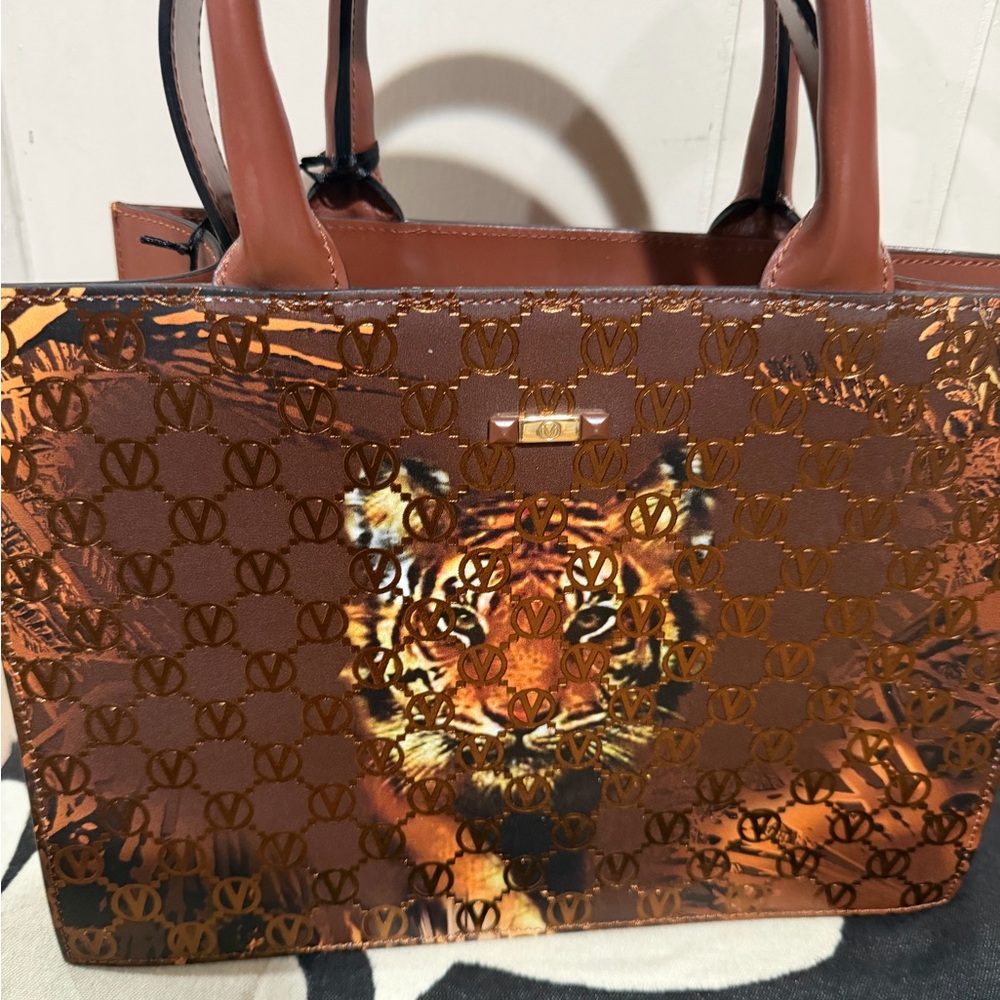 Mario Valentino Brown Tiger-Print Patent Tote